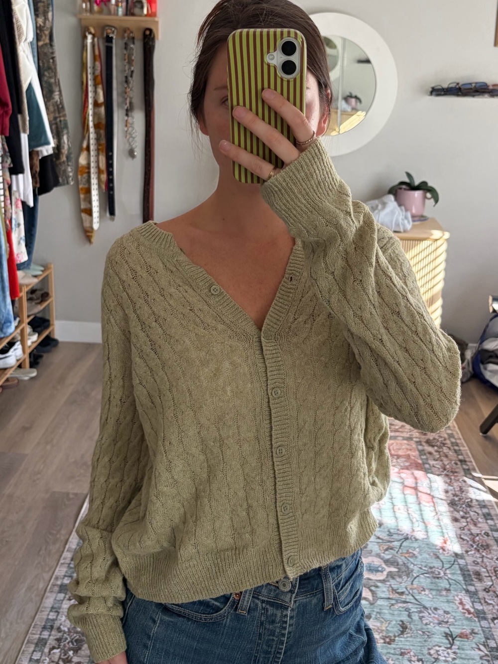 American Eagle Sage Green Cable Knit Cardigan Size L
